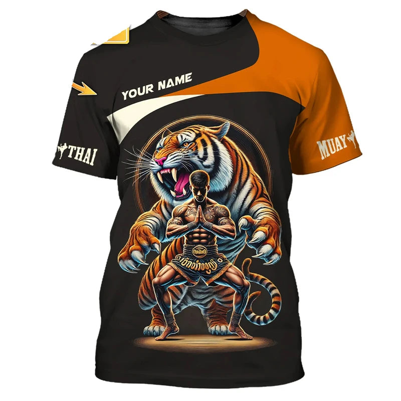 Tricou grafic Muay Thai nou și modern pentru bărbați, cu imprimeu 3D tigru și dragon, design expresiv și nume personalizat, tricou de vară pentru sală și fitness
