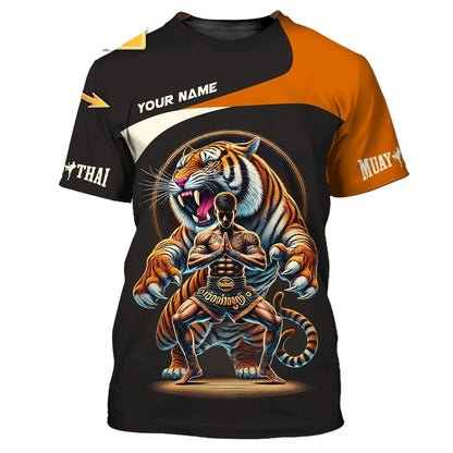 Tricou grafic Muay Thai nou și modern pentru bărbați, cu imprimeu 3D tigru și dragon, design expresiv și nume personalizat, tricou de vară pentru sală și fitness