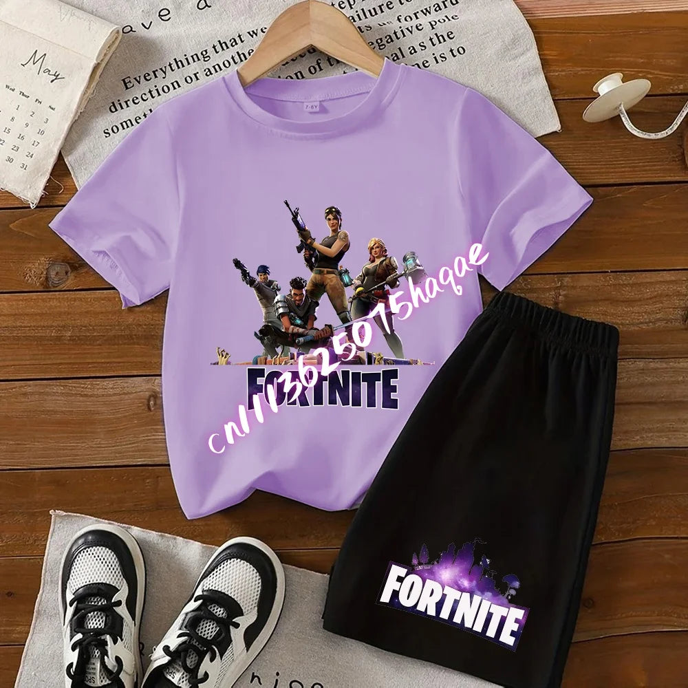Summer T-shirts 2 pieces Fortnite children's cotton short-sleeved set with cartoon prints, boys' sports shirt, casual top, gift