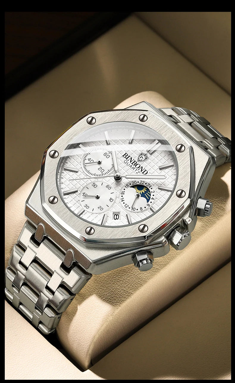 Montre-bracelet à quartz BINBOND pour homme, chronographe de luxe luminescent, en acier inoxydable, étanche, avec date et calendrier