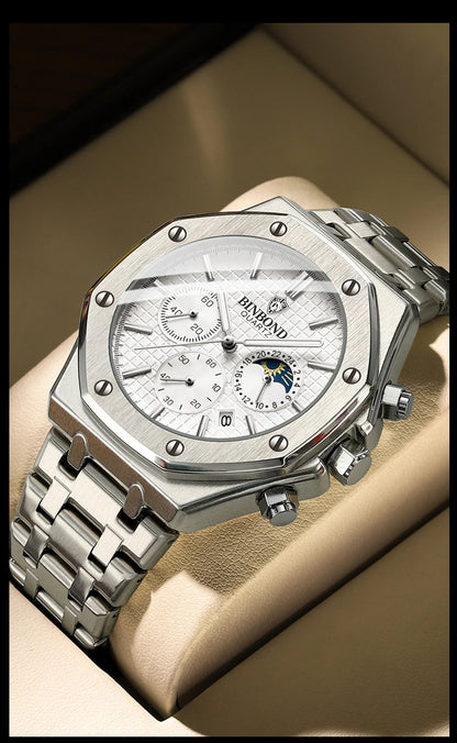 Montre-bracelet à quartz BINBOND pour homme, chronographe de luxe luminescent, en acier inoxydable, étanche, avec date et calendrier