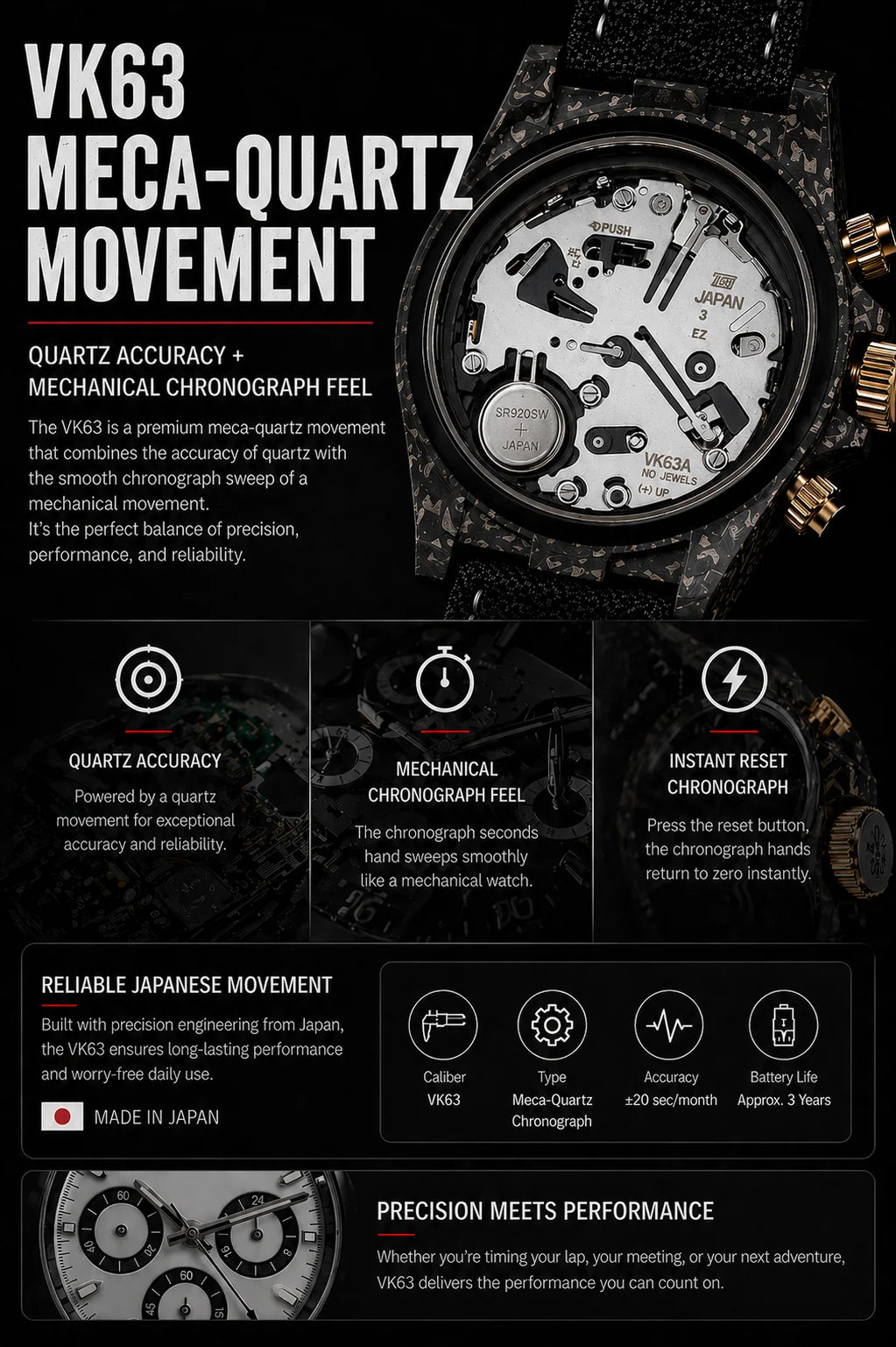 Montre chronographe « Panda » en fibre de carbone de 39 mm, VK63, quartz, verre saphir, logo personnalisé, pour homme, sportive