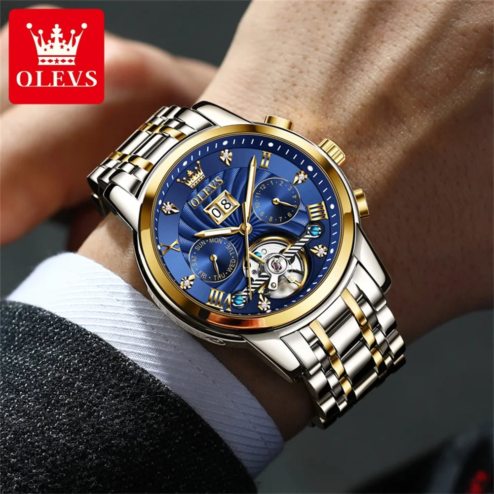 OLEVS 9910 Moška ura Originalna luksuzna blagovna znamka Vodoodporna Svetleča Avtomatska Mehanska ura Ura z dvojnim koledarjem Škatla za uro Reloj