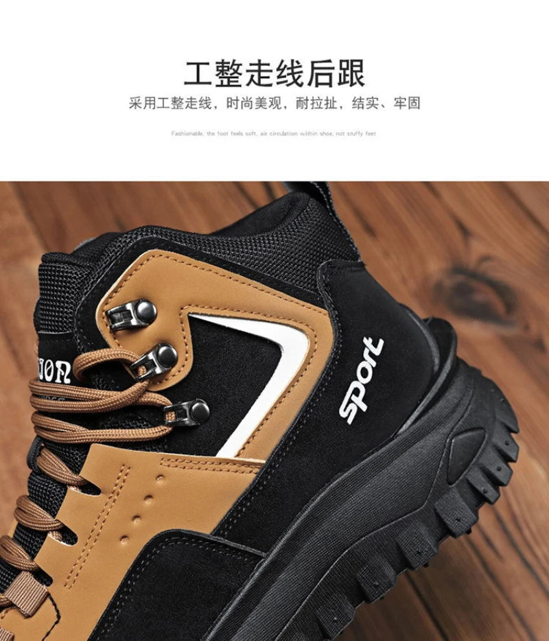 Black And Tan Mid Top Hiking Boots Suede And Leather Platform Sneakers Non Slip Outdoor Casual Shoes With Rugged Sole For All