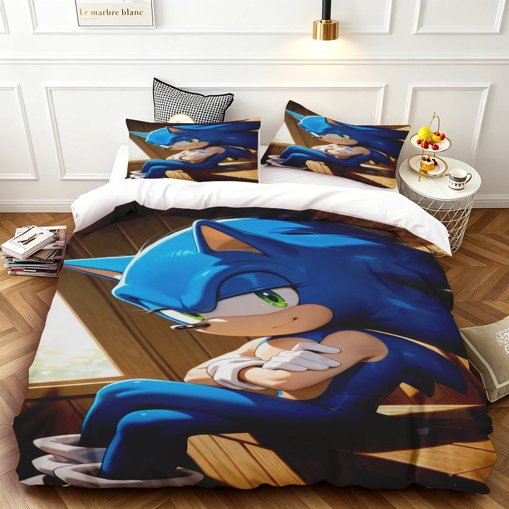 Cartoon Duvet Cover Set , Washable Cotton Bedding – S-Sonic-S The H-Hedgehog Movie Theme Student Bedroom Decor for All Seasons