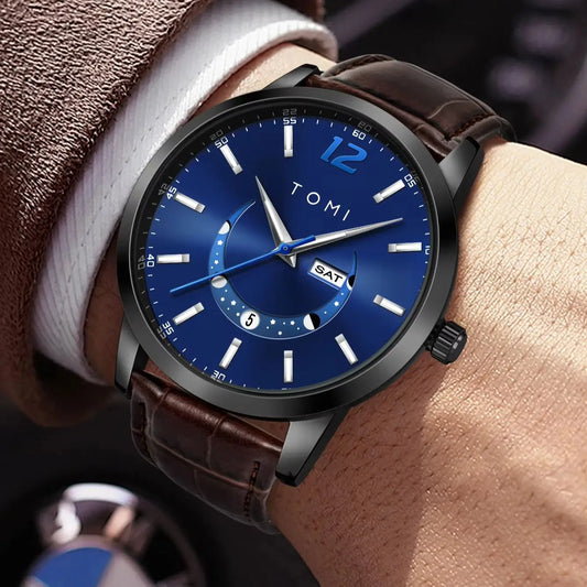 TOMI-Quarzuhr, elegant im Business-Stil, mit Lederarmband, Gehäuse aus Metalllegierung und Zifferblatt mit Zeigern – Hochwertiges Design, Geschenkidee für Herren