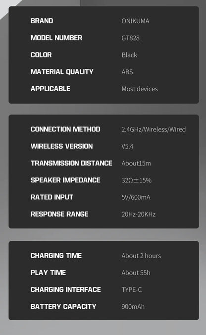 ONIKUMA GT828 Bluetooth Headset Four-mode Connection Over Ear HIFI Stereo Wireless Gaming Headsets with Mic for PC Laptops PS5