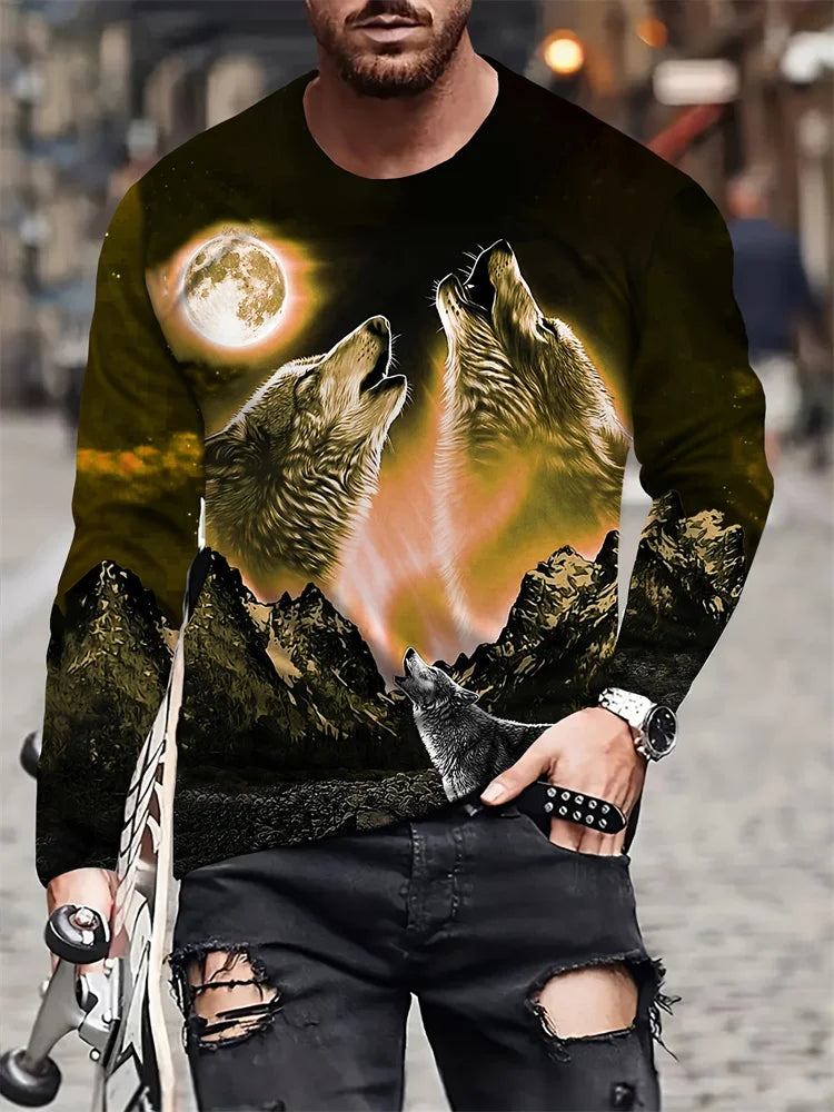 2024 New Wolf Print Men's Long Sleeve T-shirt Spring and Autumn Daily Casual Street Fashion Men's Long Sleeve T-shirt