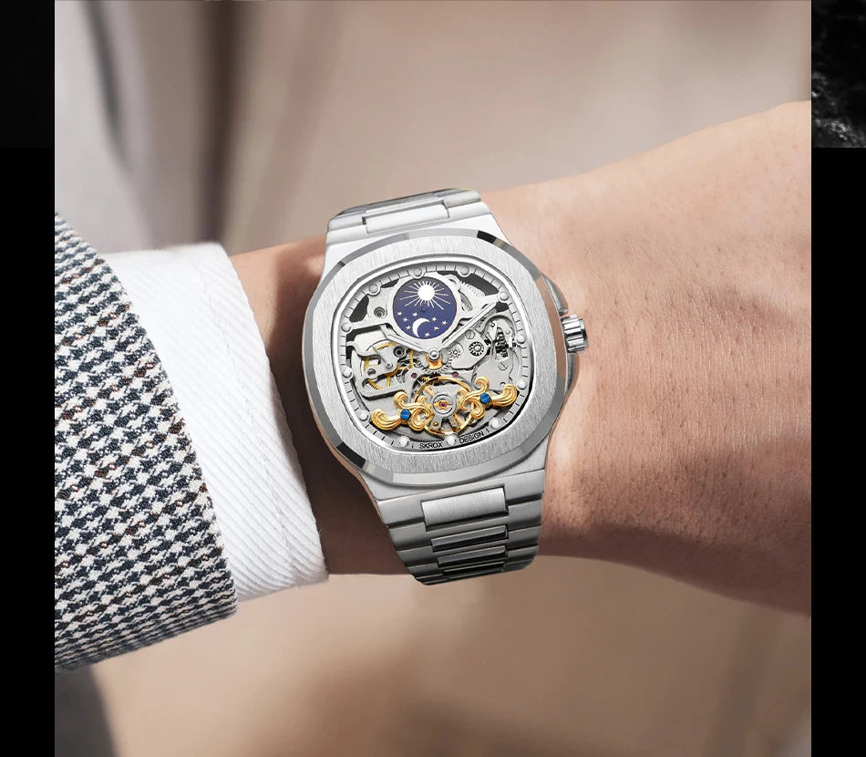 2026 High-end Luxury SKROX Square Man Watch Sapphire Stainless Steel Skeleton Moon Phase Classic Automatic Movement Male Watches