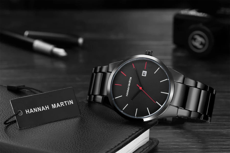 Hannah Martin Herrenuhr, Edelstahlgehäuse, Quarzwerk, 41-mm-Zifferblatt, Business-Stil, mit Kalenderanzeige (Imitation)