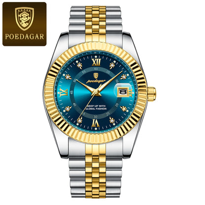 Orologio da uomo POEDAGAR – Modello di lusso, impermeabile, in acciaio inossidabile, con quadrante luminescente, stile militare, datario, movimento al quarzo, ideale per il lavoro o le occasioni professionali.