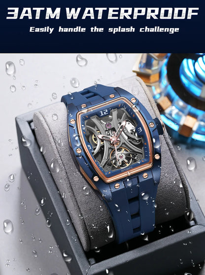 MEGIR Sports Style Automatic Mechanical Watch for Men Full Hollow Transparent Dial Design Stainless Steel Case Silicone Strap