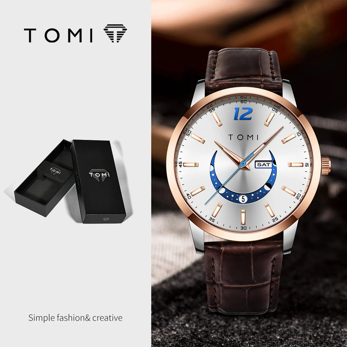 TOMI-kvartsur, elegant i affärsstil, med läderarmband, boett i legering och urtavla med visare – Exklusiv design, presentidé för män