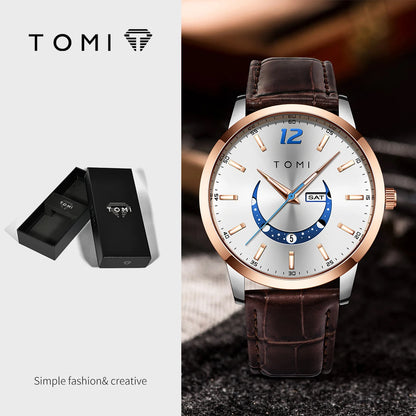 TOMI-kvartsur, elegant i affärsstil, med läderarmband, boett i legering och urtavla med visare – Exklusiv design, presentidé för män
