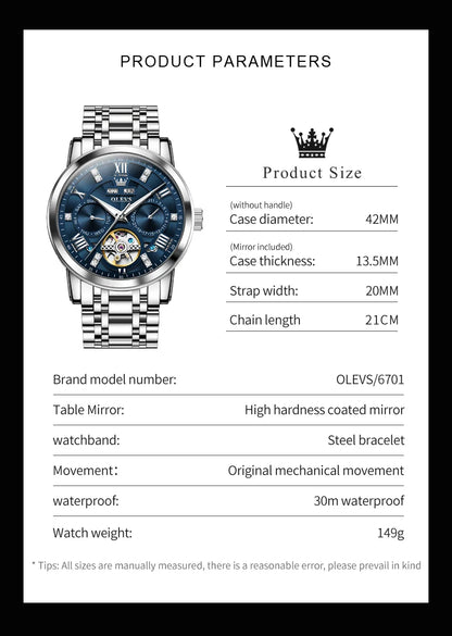 OLEVS Men's Watches Skeketon Flywheel Automatic Mechanical Original Wristwatch for Man Waterproof Luminous Perpetual Calendar