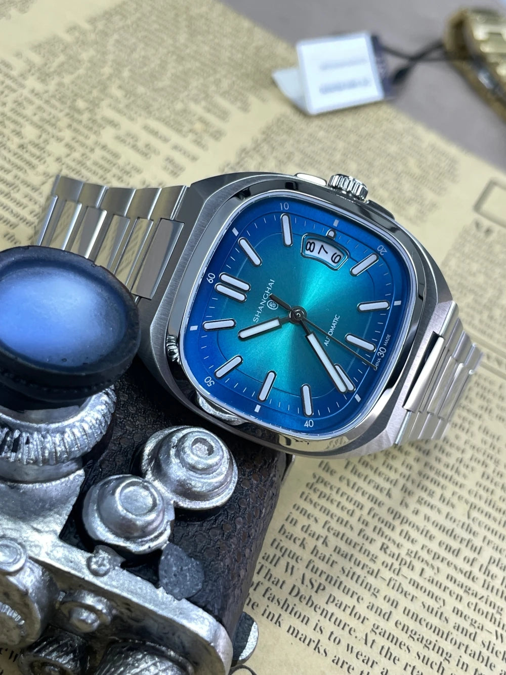 Montre pour homme Shanghai Watch, mécanique automatique, cadran carré, luminescente, étanche jusqu'à 50 m, affichage de la date, montre-bracelet décontractée SH018