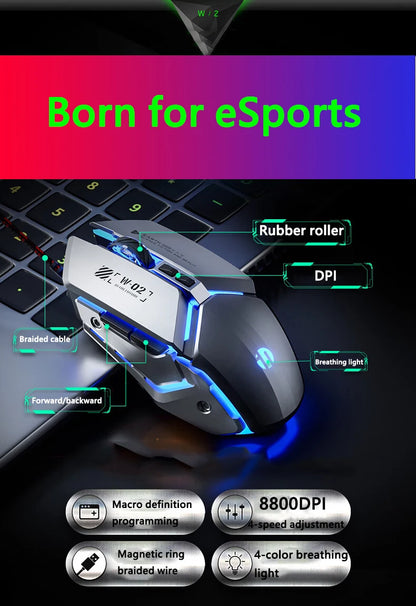 Inphic W2 2nd Generation USB Wired Gaming Mouse Silent Click Metal Style 6-key Macro Programming 8800DPI