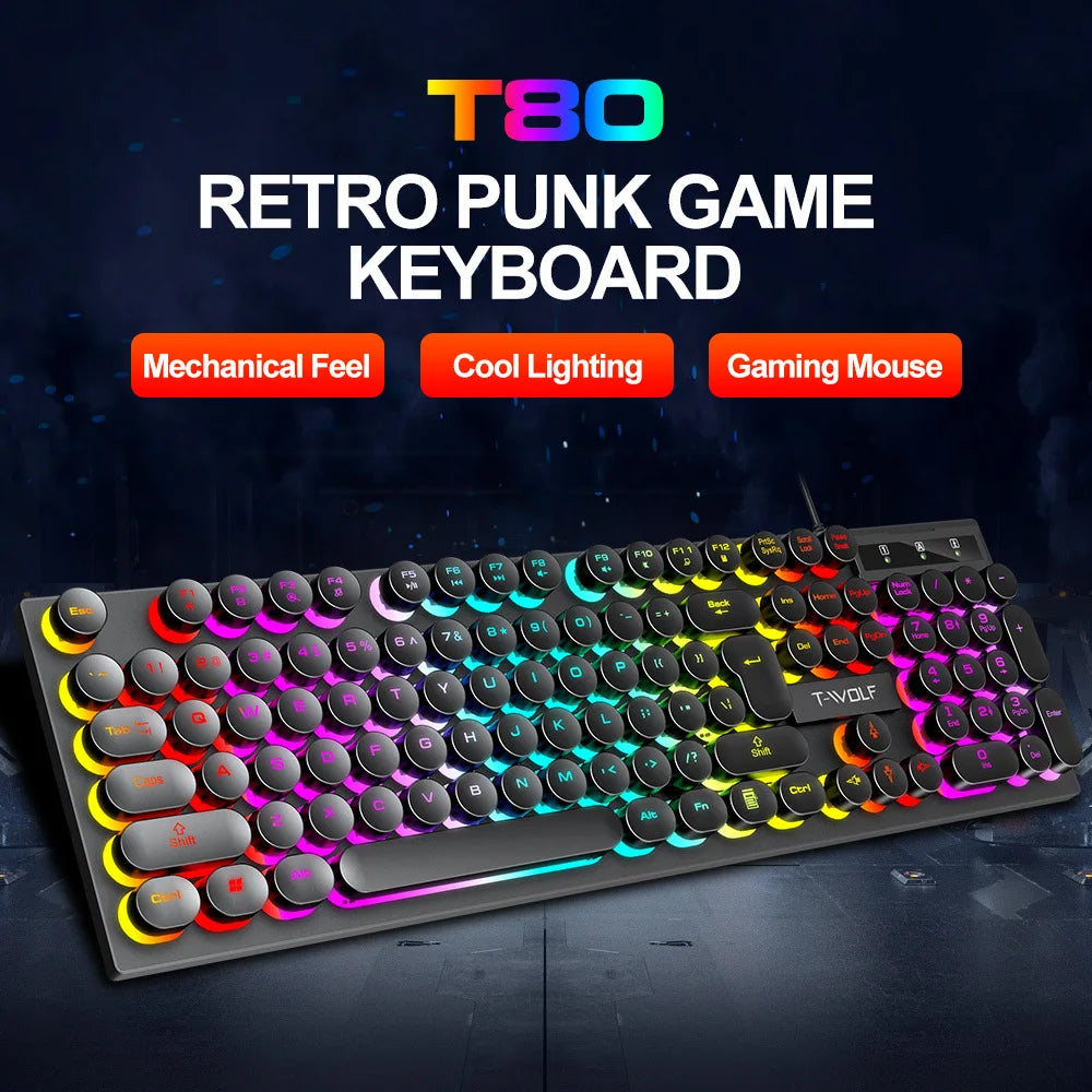 Typewriter style Mechanical feel Gaming Keyboard, Wired, RGB Backlit, Round Keycaps Mouse and Keyboard Bundle Waterproof 104-Key