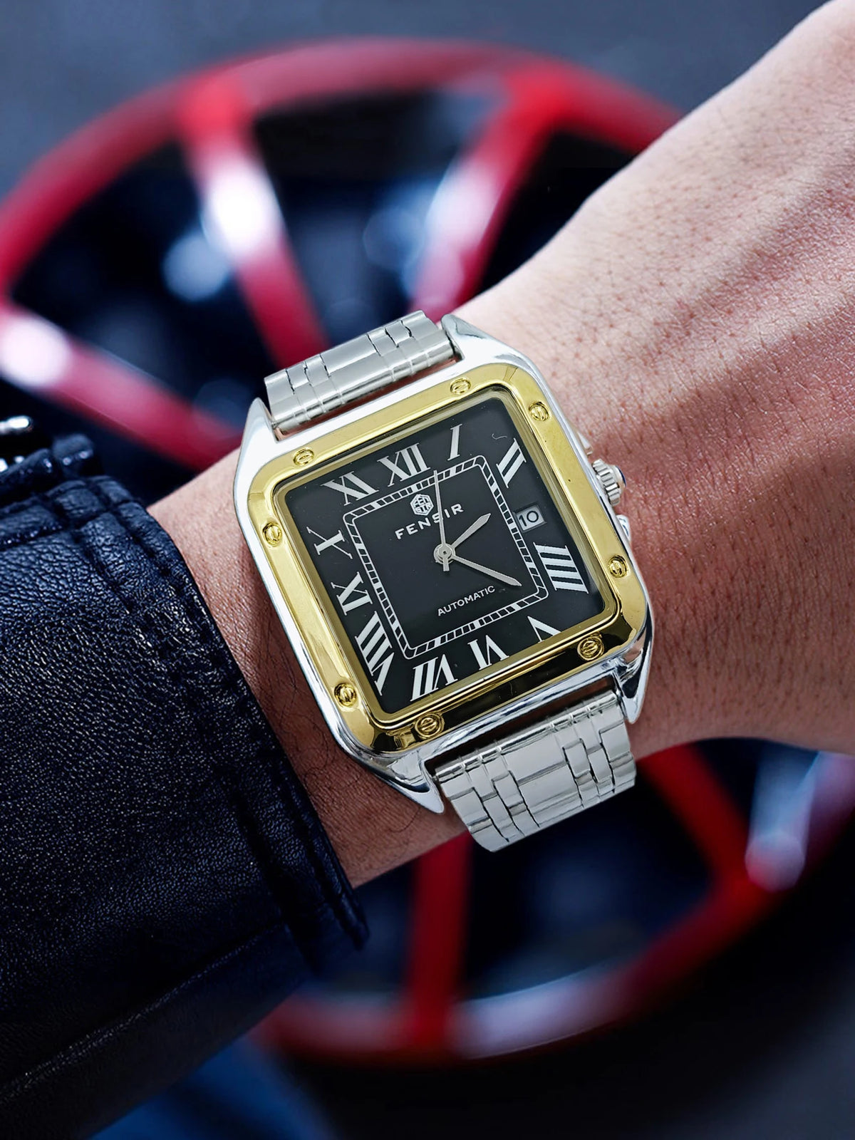 Montre carrée pour homme — Bracelet en acier inoxydable, affichage de la date