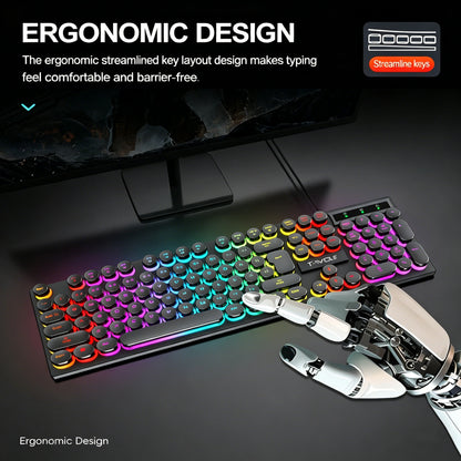 Typewriter style Mechanical feel Gaming Keyboard, Wired, RGB Backlit, Round Keycaps Mouse and Keyboard Bundle Waterproof 104-Key