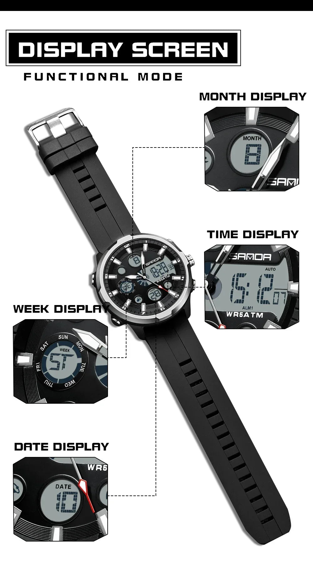 SANDA 9053 G Montres de sport militaires pour homme Montre numérique de luxe Montre-bracelet à quartz étanche jusqu’à 50 m pour homme Relogios Masculino