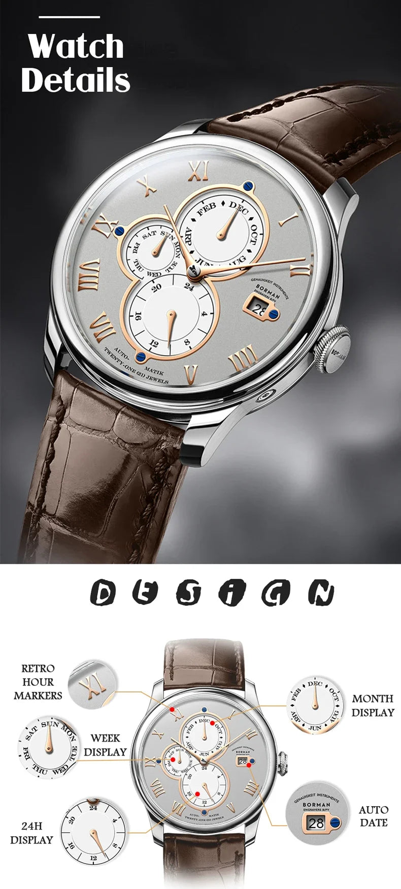 Luxury Brand BORMAN Automatic Mechanical Men's Watches Sapphire 50M Waterproof Multi-function Dial Retro Leather Clocks BM18011