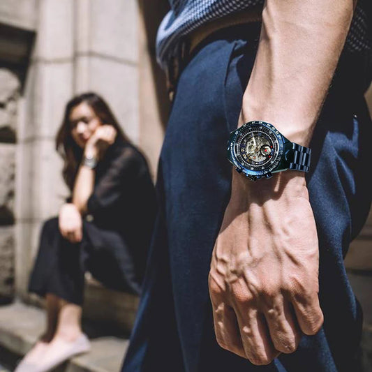 Orologio automatico da uomo WINNER – Modello scheletrato trasparente, lancette luminescenti, bracciale in acciaio inossidabile, orologio meccanico di marca di lusso