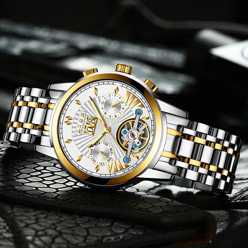 Męskie zegarki mechaniczne z automatycznym mechanizmem marki LIGE – luksusowy zegarek z najwyższej półki z tourbillonem, elegancki i wodoodporny, idealny do pracy lub na uroczyste okazje.