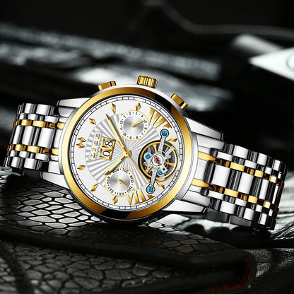 Męskie zegarki mechaniczne z automatycznym mechanizmem marki LIGE – luksusowy zegarek z najwyższej półki z tourbillonem, elegancki i wodoodporny, idealny do pracy lub na uroczyste okazje.