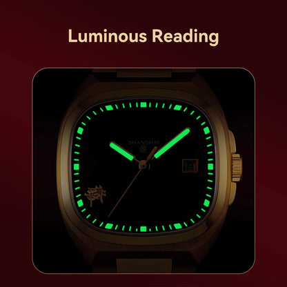 Montre mécanique vintage Shanghai Square, montre automatique pour homme en or 24 carats, boîtier de 38 mm, acier inoxydable 316L, montre-bracelet de luxe SH030