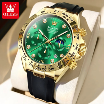 Montre à quartz pour homme OLEVS 2875 – Chronographe de marque de luxe, bracelet en silicone, date automatique, étanche, phase de lune, style sportif