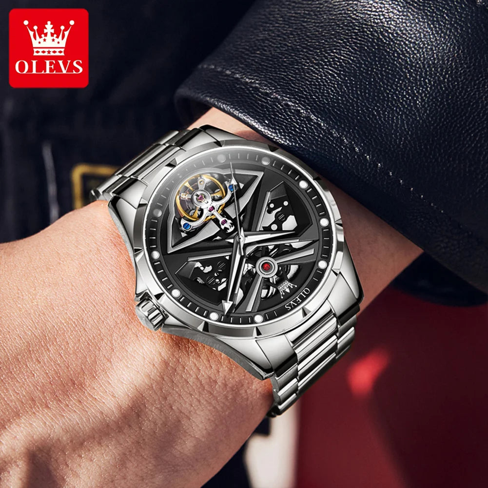 Orologio da uomo OLEVS 6655, modello scheletrato completamente automatico; orologio da polso meccanico di lusso, luminescente e impermeabile.