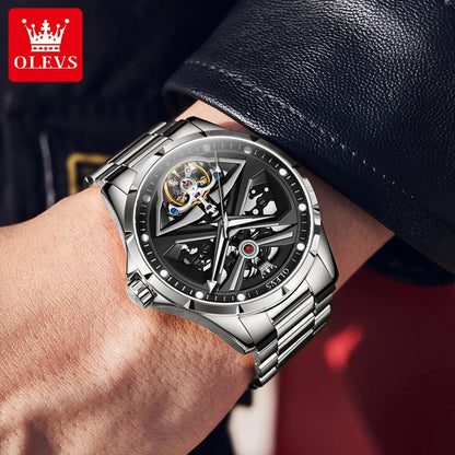 Orologio da uomo OLEVS 6655, modello scheletrato completamente automatico; orologio da polso meccanico di lusso, luminescente e impermeabile.