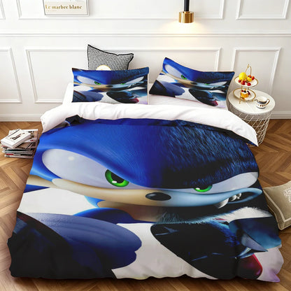 Cartoon Duvet Cover Set , Washable Cotton Bedding – S-Sonic-S The H-Hedgehog Movie Theme Student Bedroom Decor for All Seasons