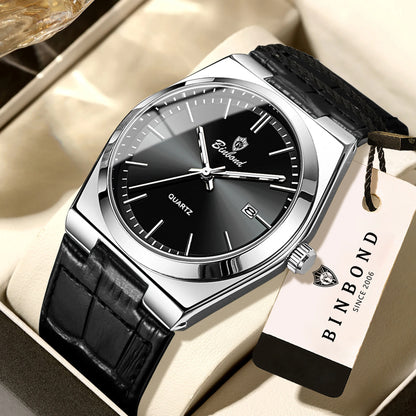 Relógio de pulso de luxo BINBOND com movimento de quartzo para homem – Impermeável, luminoso, com data automática – Estilo profissional, desportivo, moderno e descontraído – Pulseira em pele