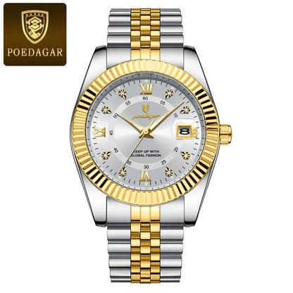 Orologio da uomo POEDAGAR – Modello di lusso, impermeabile, in acciaio inossidabile, con quadrante luminescente, stile militare, datario, movimento al quarzo, ideale per il lavoro o le occasioni professionali.