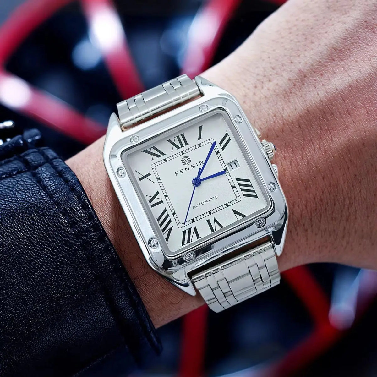 Montre carrée pour homme — Bracelet en acier inoxydable, affichage de la date