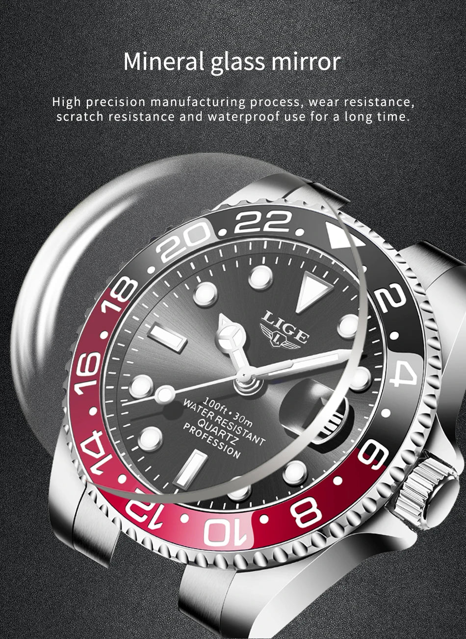 Montre-bracelet LIGE Fashion Business pour homme, étanche à 3 ATM, luminescente, montre de luxe sportive à quartz, chronographe de plongée