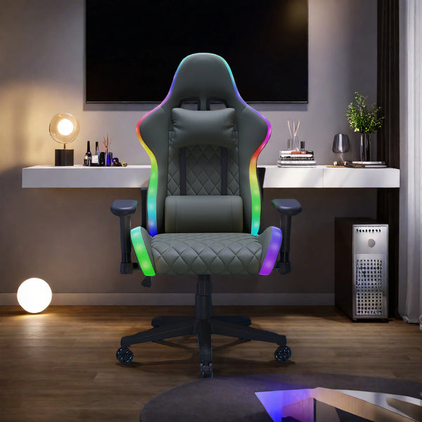 Anajqaqia Gaming Chair RGB LED Light Lumbar Massage Adjustable 90-135° Backrest Ergonomic Office Chair