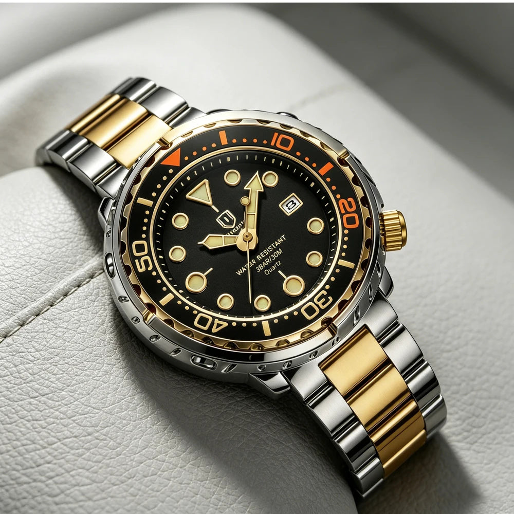 Montres pour homme QINGXIYA : montres de luxe à quartz pour homme, tendance, étanches, luminescentes, avec date et cadran rotatif, en acier inoxydable