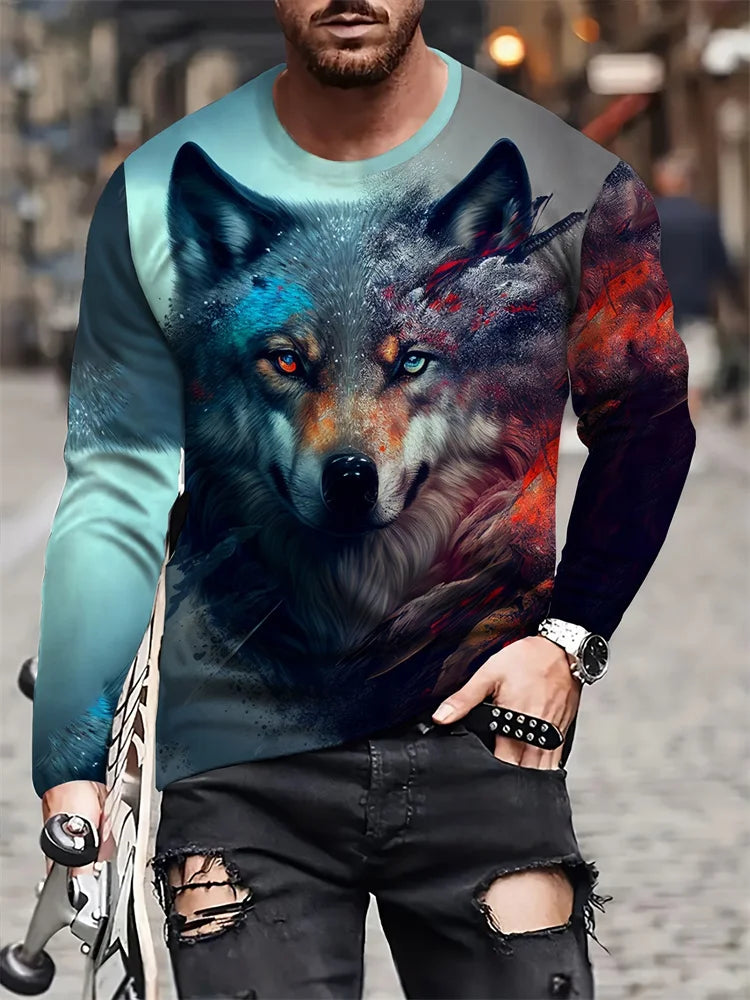2024 New Wolf Print Men's Long Sleeve T-shirt Spring and Autumn Daily Casual Street Fashion Men's Long Sleeve T-shirt