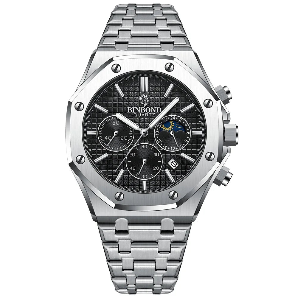 Montre-bracelet à quartz BINBOND pour homme, chronographe de luxe luminescent, en acier inoxydable, étanche, avec date et calendrier