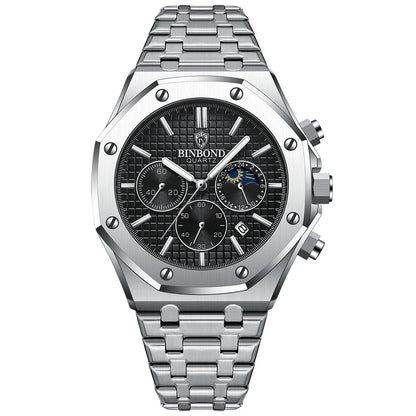 Montre-bracelet à quartz BINBOND pour homme, chronographe de luxe luminescent, en acier inoxydable, étanche, avec date et calendrier