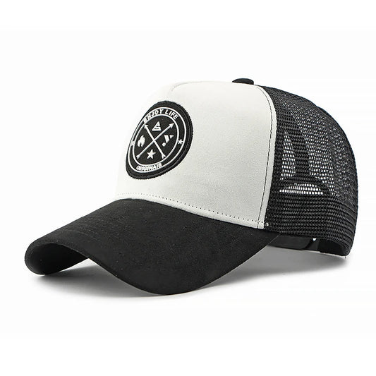 A retro-style suede work cap with a leather logo and breathable mesh design, suitable for both men and women to wear casually.