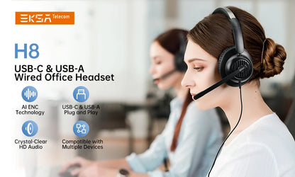 EKSA H8 Office Headset with Noise Cancelling Microphone USB/Type C/3.5mm Wired ENC Headphones for PC/Phone Mute/Teams Button
