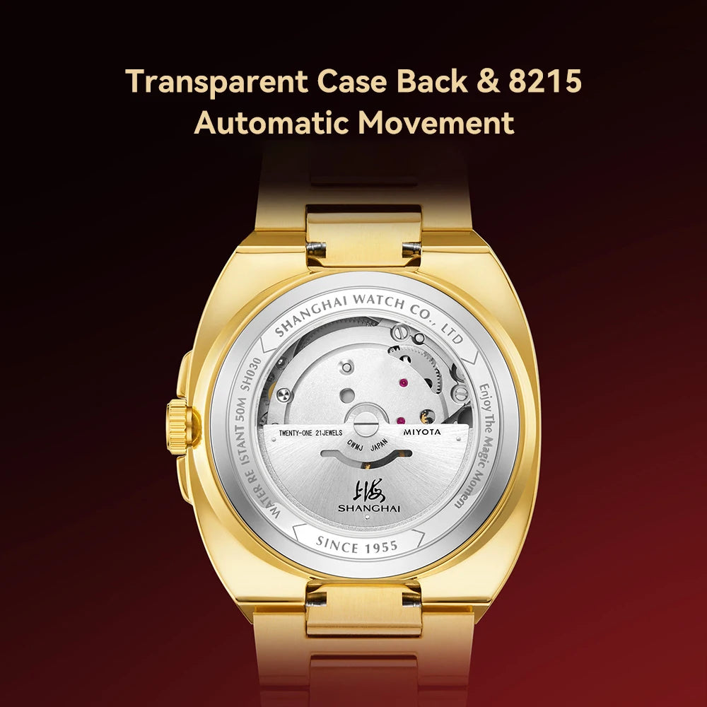 Montre mécanique vintage Shanghai Square, montre automatique pour homme en or 24 carats, boîtier de 38 mm, acier inoxydable 316L, montre-bracelet de luxe SH030