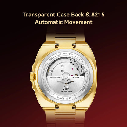 Montre mécanique vintage Shanghai Square, montre automatique pour homme en or 24 carats, boîtier de 38 mm, acier inoxydable 316L, montre-bracelet de luxe SH030