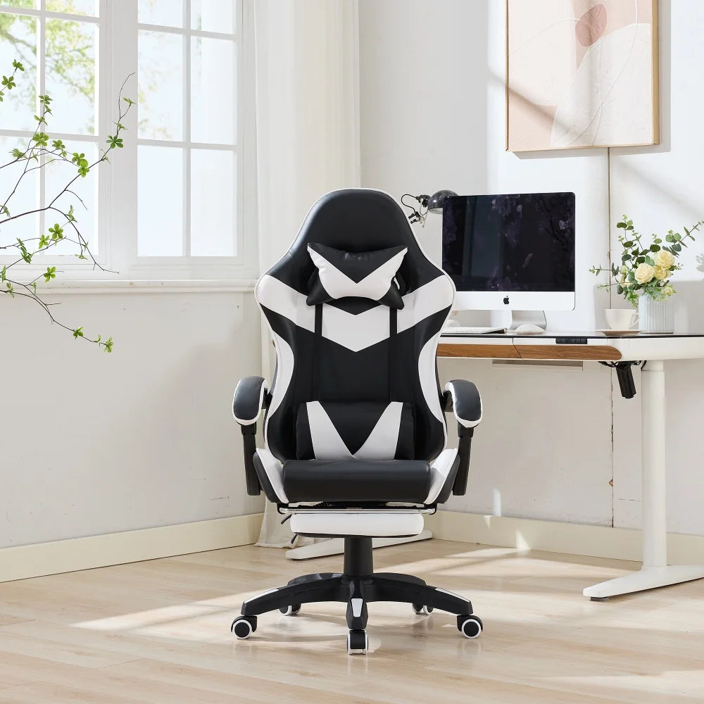 360 ° - Swivel Ergonomic Racing Design Gaming Chair Leather High Back Office Chair Height Adjustable Task Chair, Black&White