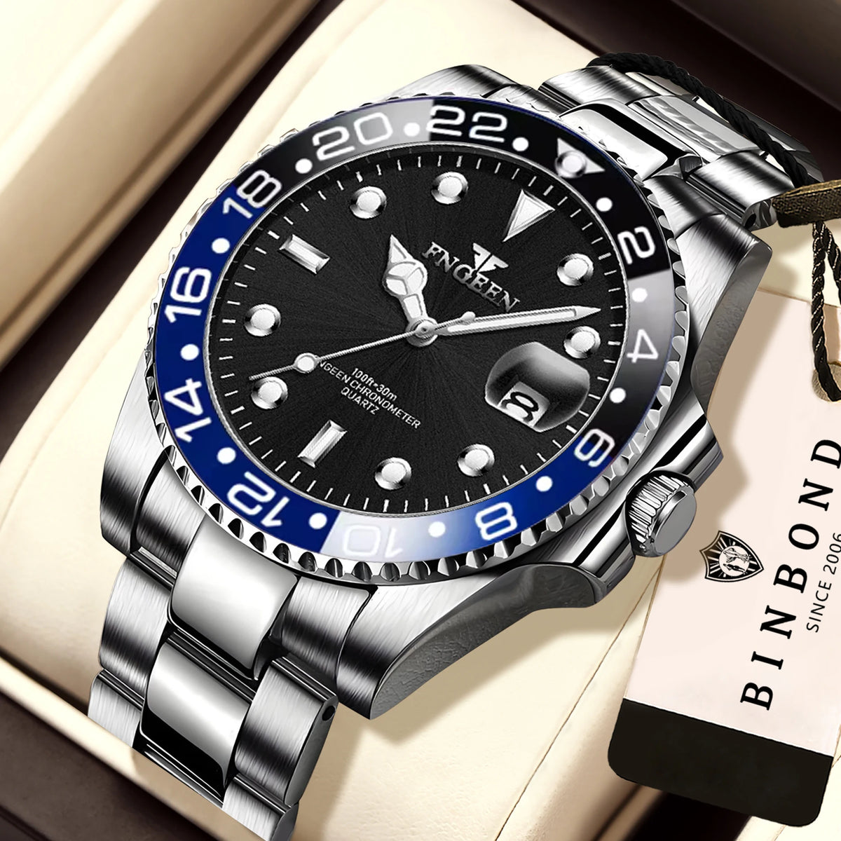Orologio da polso al quarzo FNGEEN Son Brand di BINBOND con bracciale in acciaio inossidabile da uomo, luminescente e impermeabile, di lusso.
