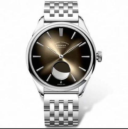 Borman Mens Automatic Watches Luxury Moon Phase Male Watch Mechanical Wristwatch Fashion 50M Waterproof Sapphire Leather Strap